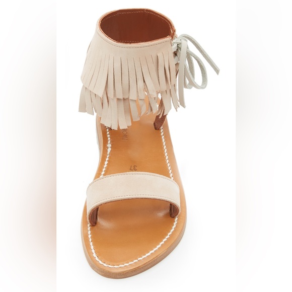 K. Jacques Saint Tropez Salambo Suede Fringe Cuff Flat Sandals 38 Nude Ankle Tie - Picture 10 of 12
